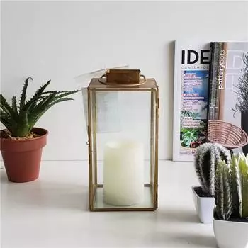 Набор из 2 металлических, медных, латунных, стеклянных, золотых, напольных, ландшафтных, квадратных светодиодных ламп, старинных свечных фонарей 12*12*23.5CM золотой