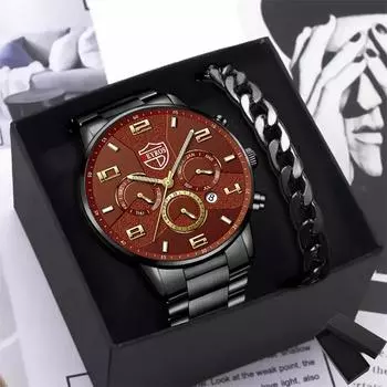 Набор из 2 предметов, деловые мужские часы из нержавеющей стали с ремешком, кварцевые часы с ночным свечением, мужские модные часы с датой, мужские часы