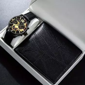 Набор из 2 предметов DEYROS Luxury мужские часы деловые мужские кварцевые часы с календарем кожаный ремешок и черный кожаный кошелек