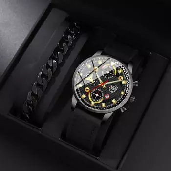 Набор из 2 предметов DEYROS Luxury мужские часы спортивные мужские часы с кожаным ремешком и календарем модные мужские кварцевые часы подарок на День отца