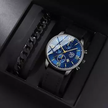 Набор из 2 предметов DEYROS, модные мужские часы, роскошные мужские часы с календарем, повседневные мужские кварцевые часы с кожаным ремешком и браслетом, мужской подарок