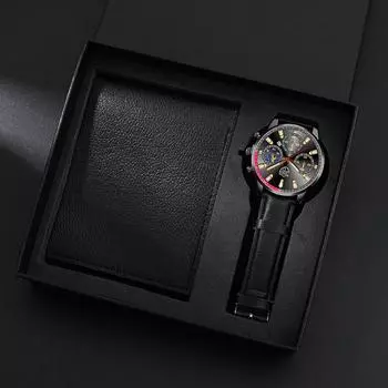 Набор из 2 предметов DEYROS, модные мужские часы, роскошные мужские часы с календарем, кожаные повседневные деловые мужские часы, кварцевые часы и черный кошелек, подарок на День отца чёрный/золотой