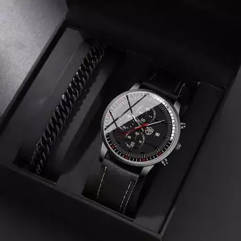 Набор из 2 предметов DEYROS, модные мужские часы, роскошные мужские часы с кожаным ремешком и календарем, повседневные мужские кварцевые часы, лучший подарок для мужчин