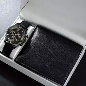 Набор из 2 предметов DEYROS, модные мужские часы, роскошные мужские кварцевые часы с календарем, кожаный ремешок и черный кожаный кошелек, лучший подарок на День отца