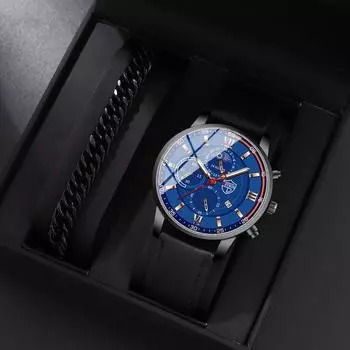 Набор из 2 предметов DEYROS, модные мужские часы, деловые мужские часы с кожаным ремешком и календарем, повседневные мужские кварцевые часы, лучший подарок для мужчин