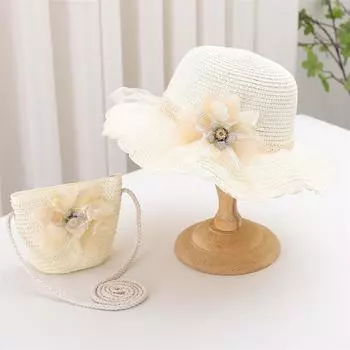 Набор из 2 предметов для маленьких девочек: соломенная шляпа и сумка через плечо. Летняя цветочная пляжная панама с широкими полями для защиты от солнца. Аксессуар для праздничного наряда. kids(52-54cm)