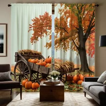 Набор из 2 предметов HD День благодарения Урожай тыква деревянная тележка декоративная занавеска Желтая завязка цифровая печать занавеска украшение дома st W52H63inchW132H160cm