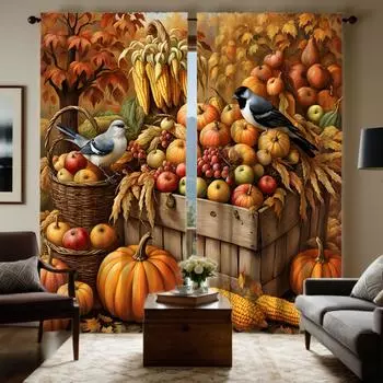 Набор из 2 предметов HD сезон урожая овощи фрукты тыква птица декоративная занавеска Желтая завязка цифровая печать занавеска украшение для дома W52H63inchW132H160cm