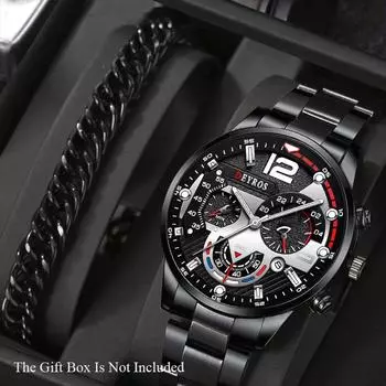 Набор из 2 предметов, модные деловые мужские наручные часы, роскошные мужские наручные часы из нержавеющей стали с указателем, кварцевые наручные часы для мужского браслета синий