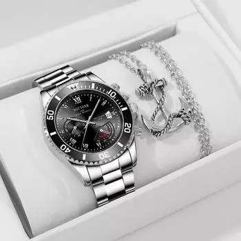Набор из 2 предметов, модные мужские часы из нержавеющей стали, роскошные кварцевые наручные часы, светящиеся часы для мужчин, деловые повседневные часы-ожерелье