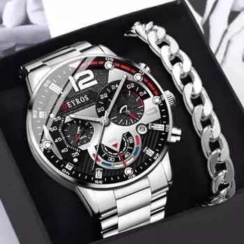 Набор из 2 предметов, модные мужские часы из нержавеющей стали, роскошные кварцевые наручные часы с датой, светящиеся часы для мужчин, деловые повседневные часы и браслет