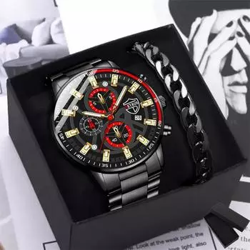 Набор из 2 предметов, модные мужские часы из нержавеющей стали, роскошные кварцевые наручные часы с датой, светящиеся часы для мужчин, деловые повседневные часы и браслет