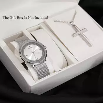 Набор из 2 предметов, модные простые мужские наручные часы со звездами и бриллиантами, роскошные мужские повседневные кварцевые наручные часы для мужчин, ожерелье с крестом чёрный