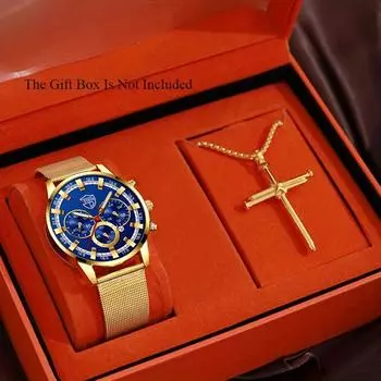 Набор из 2 предметов, модные роскошные мужские наручные часы с круглым циферблатом, сплав, ремешок для часов, кварцевые наручные часы из нержавеющей стали для мужчин, ожерелье золотой