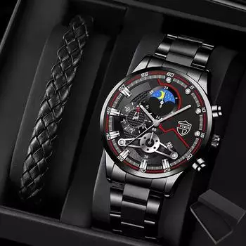 Набор из 2 предметов, мужская мода, нержавеющая сталь, деловые роскошные часы с указателем даты, кварцевые часы, мужской подарок