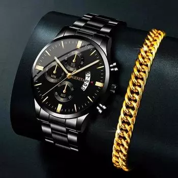 Набор из 2 предметов, мужские часы с календарем из нержавеющей стали, роскошные кварцевые наручные часы, деловые часы для мужчин, часы Montre Homme
