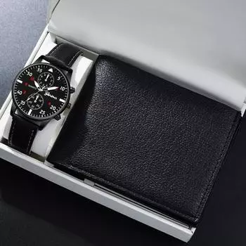 Набор из 2 предметов, новые модные часы для мужчин, роскошные деловые кожаные кварцевые часы с календарем и черные кожаные кошельки, лучшие мужские подарки