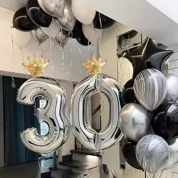 Набор из 2 серебряных воздушных шаров с цифрами от 0 до 9 и золотых воздушных шаров в виде короны, подходит для празднования дней рождения, юбилеев и вечеринок чёрный