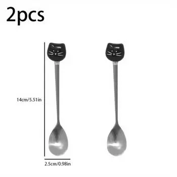 Набор из 2 шт. Керамических и стальных ложек с длинной ручкой в виде милого кота — идеально подходит для кофе, десертов и многого другого — идеально подходит для дома, кухни, ресторана