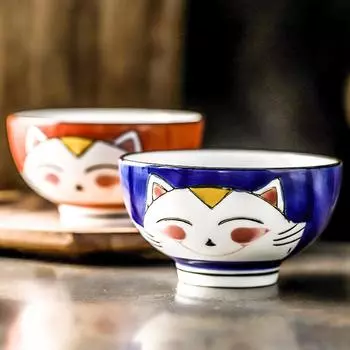 Набор из 2 шт. миска с мультяшным котом, керамическая миска для риса, симпатичная салатница с котенком, подарочная посуда для дома Maneki Neko 4,5 дюйма