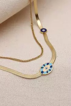 Набор из 2 стальных ожерелий золотого цвета с изображением голубых глаз и итальянской цепочки