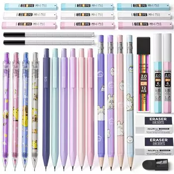 Набор из 32 механических карандашей Nicpro Pastel с футляром, симпатичный художественный карандаш для рисования, держатель грифеля 2 мм, 12 сменных стержней 2B, эстетические принадлежности для рисования