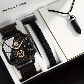 Набор из 3-х мужских часов в деловом стиле: Модные кварцевые часы из искусственной кожи, браслет и ожерелье, подарочный набор