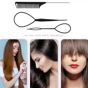Набор из 3 инструментов для волос «Крысиный хвост», расческа для укладки, расчески для начеса, расчески для пробора, инструмент для французской косы, петля для женщин чёрный