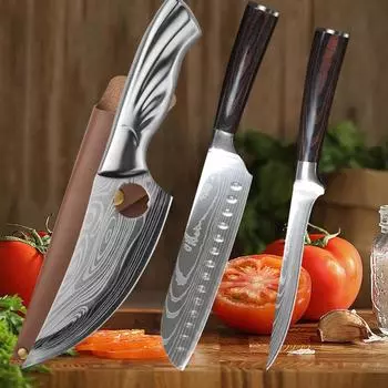 Набор из 3 кухонных ножей, ножи шеф-повара, кованые вручную, узор из дамасской стали, острый японский нож сантоку, тесак, нож для нарезки 3pc