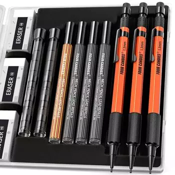 Набор из 3 механических карандашей Four Candies с футляром, прочный металлический плотницкий карандаш, 48 стержней, 3 12 ластиков, водонепроницаемый плотницкий маркер для улицы оранжевый