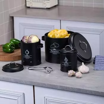 Набор из 3 металлических ведер Yousheng с системой вентиляции на 360 градусов, многоцелевой ящик для хранения чеснока и картофеля большой емкости 3pcs чёрный