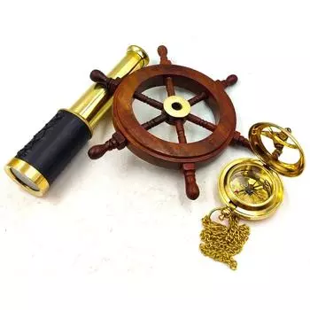 Набор из 3 миниатюрных латунных солнечных часов, карманного компаса, морского телескопа, штурвала корабля, мини-морского подарочного набора