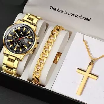 Набор из 3 предметов, модные деловые мужские наручные часы из нержавеющей стали с указателем даты, кварцевые наручные часы для мужчин и браслет-ожерелье, подарок для мужчин