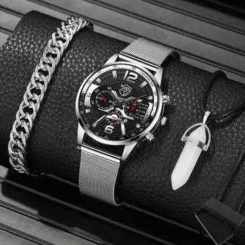 Набор из 3 предметов, модные мужские часы с календарем, мужские деловые кварцевые часы с сетчатым ремешком из стали, мужские повседневные наручные часы с ожерельем и браслетом, подарок для мужчин