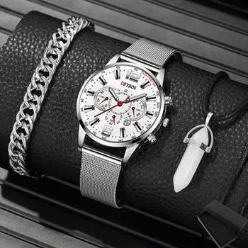 Набор из 3 предметов, модные мужские часы с большим циферблатом и календарем, мужские деловые часы с проволочной сеткой и кварцевыми часами, мужские повседневные часы с ожерельем и браслетом, мужской подарок