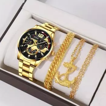 Набор из 3 предметов, модные мужские деловые часы с датой, мужские повседневные кварцевые наручные часы из нержавеющей стали, мужские золотые наручные часы с ожерельем и браслетом