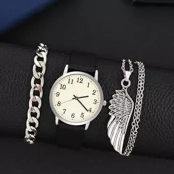 Набор из 3 предметов, модные мужские простые часы, мужские деловые кварцевые часы из нержавеющей стали и кожи, мужские наручные часы с браслетом и ожерельем черный белый