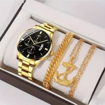 Набор из 3 предметов, модные роскошные мужские деловые часы, мужские повседневные кварцевые наручные часы из нержавеющей стали с датой, мужские наручные часы с золотым ожерельем и браслетом