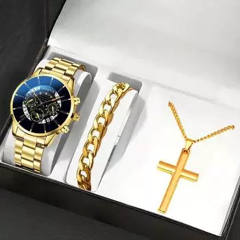 Набор из 3 предметов, модные роскошные золотые деловые кварцевые мужские часы с ремешком из нержавеющей стали, календарем, браслетом и подвеской-крестом, мужские подарки