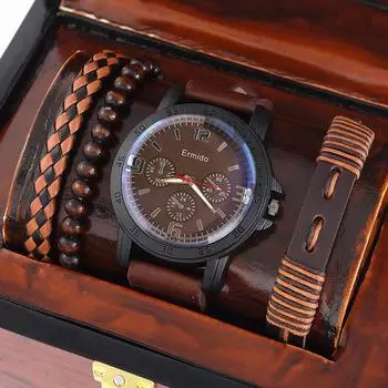 Набор из 3 предметов, мужские часы, роскошный браслет, модные деловые коричневые кожаные кварцевые наручные часы для мужчин, подарочный набор Relogio Masculino