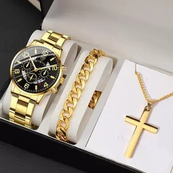 Набор из 3 предметов, роскошные деловые мужские золотые наручные часы из нержавеющей стали с указателем даты, кварцевые наручные часы для мужчин и браслет-ожерелье