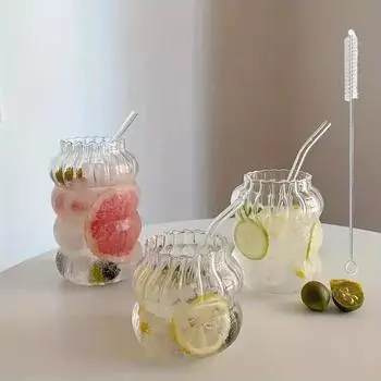 Набор из 3 предметов: стеклянный стакан для воды, симпатичный стеклянный стакан, рифленый стеклянный стакан, фактурная стеклянная посуда, стакан для десерта, миска для мороженого 501-600ml