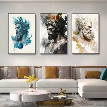 Набор из 3 принтов греческих богов Зевса Аида Посейдона Одина Тора мифологический плакат абстрактная нейтральная акварель граффити холст живопись настенное искусство домашний декор 20x30cm
