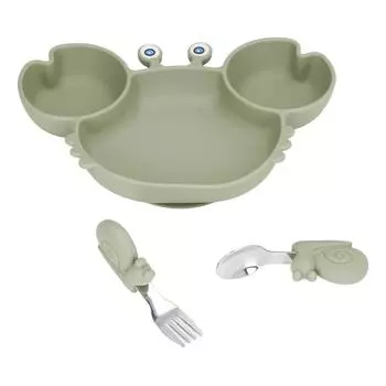 Набор из 3 разделенных тарелок для малышей, силиконовая детская присоска, нескользящая, без BPA, с ложкой-вилкой для зелёный