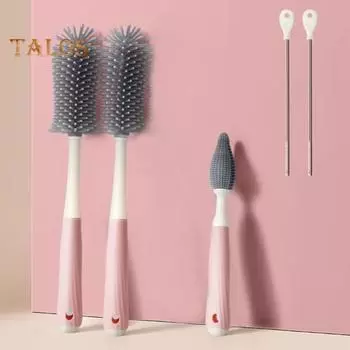 Набор из 3 щеток для детских бутылочек с вертикальной полкой для хранения, щетка для сосок из пищевого силикона без содержания бисфенола А розовый