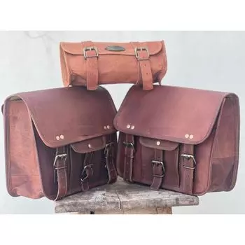 Набор из 3 седельных сумок для мотоцикла, коричневые винтажные кожаные боковые сумки, сумки на багажники коричневый