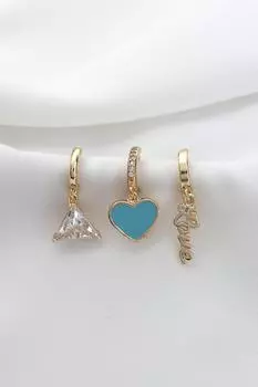 Набор из 3 серег-сердечек золотого цвета с синей эмалью