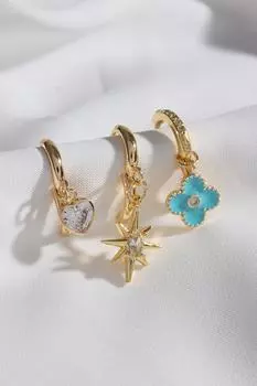 Набор из 3 серег золотого цвета с голубыми цветками