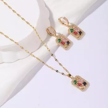 Набор из 3 шт. Изысканные цветные серьги с кубическим цирконием, полые квадратные висячие серьги, комплекты ювелирных изделий для женщин, свадебное ожерелье разноцветный