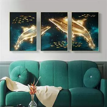 Набор из 3 синих абстрактных картин с изображением океана, золотого кита и рыбы, роскошная гостиная, проход, украшение для дома, настенная живопись, картина на холсте, постер, живопись 21*30cm No Frame